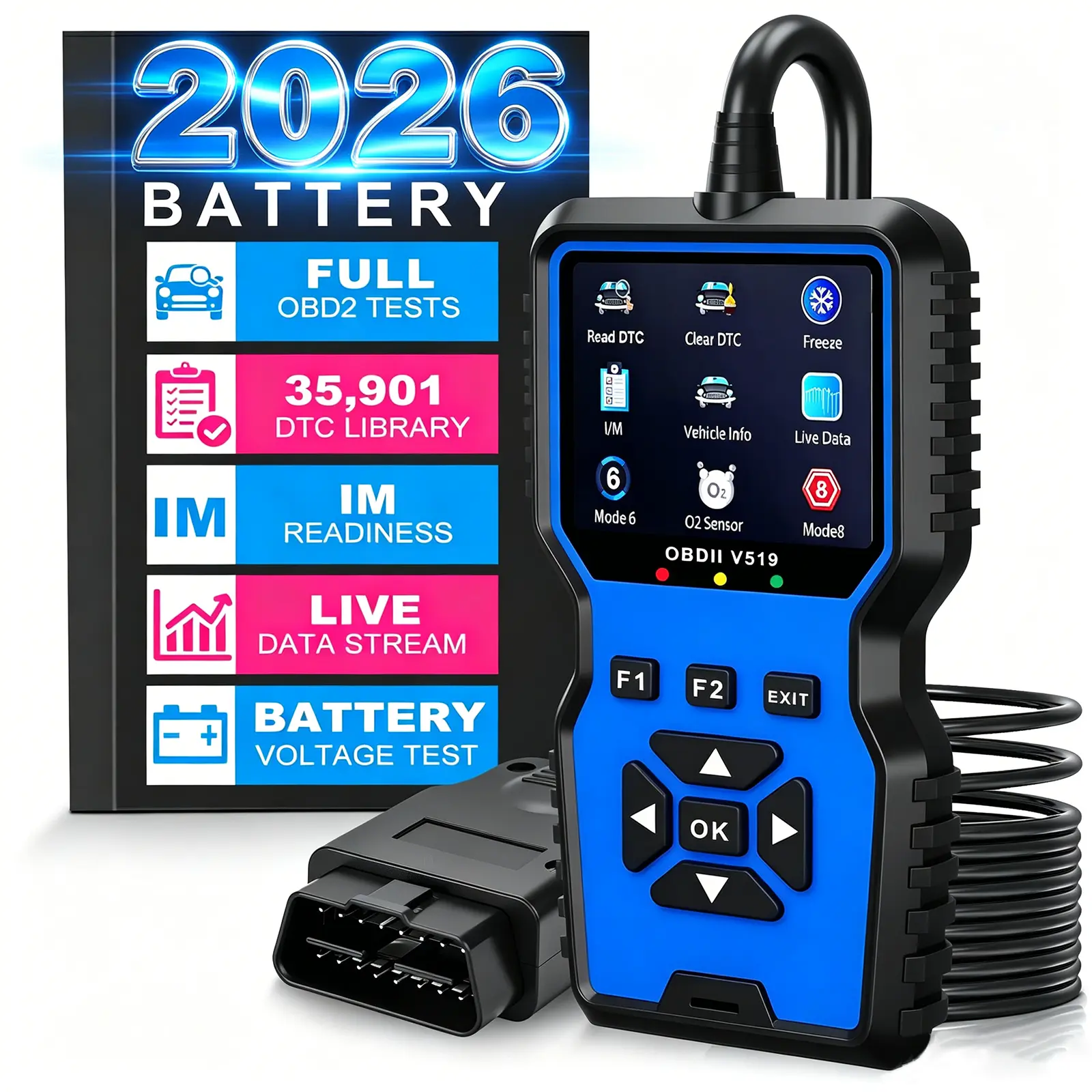 Professional OBD2 V519 Scanner - 2026 Upgraded OBDII + CAN Code Reader, Live Data, Battery Test, 40000+ DTC Library, I/M Readiness, Check Engine Light & Smog Test - All Vehicles After 1996 system diagnostics