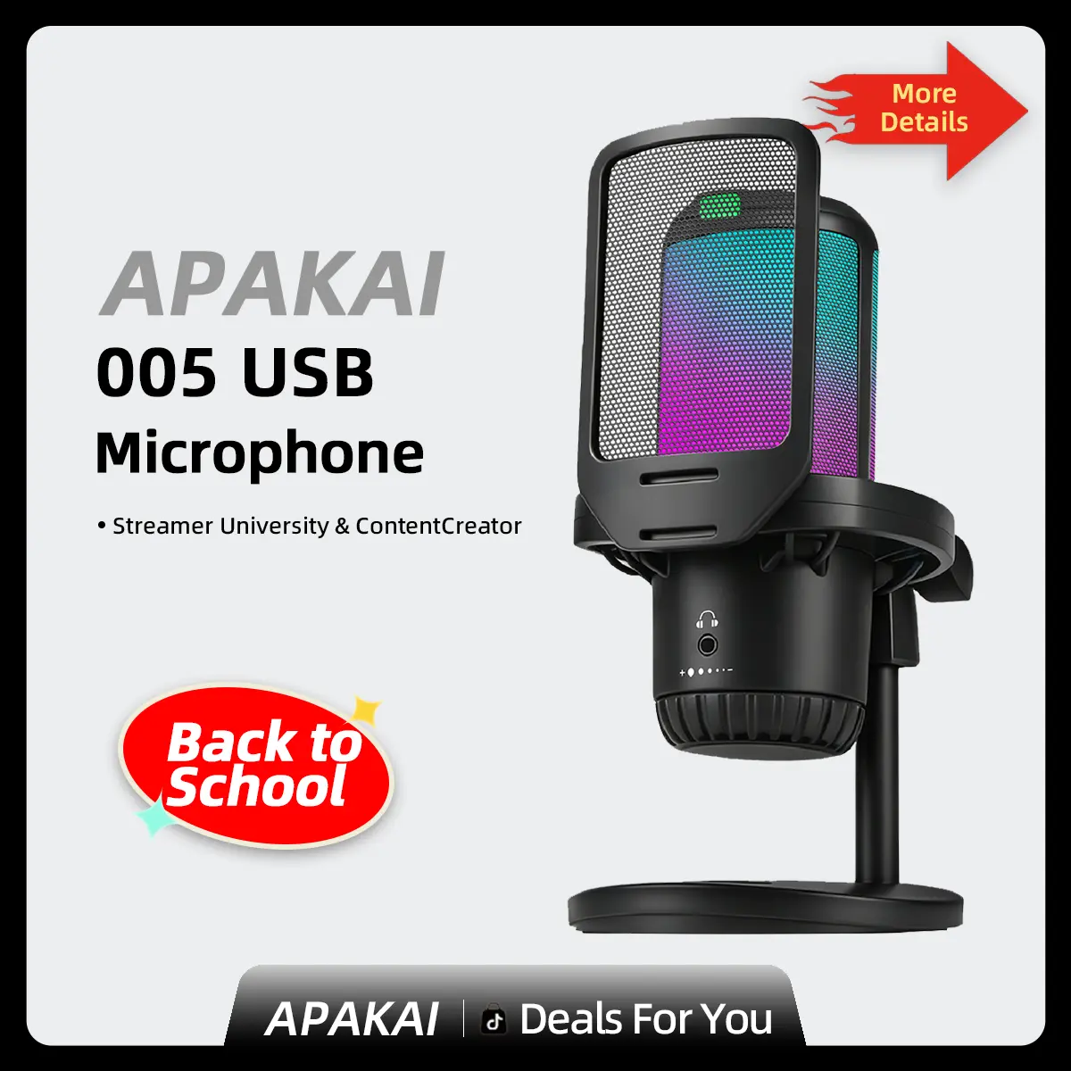 [Back To School] APAKAI 005 USB Streaming Gaming Microphone with USB Type-C, 3.5mm Jack, RGB Lights, Easy Sound Control, 1-Tap Mute, Mount Adapter for PC, PS4, PS5, Smartphone (Gaming Setup, Streaming Equipment) microphone,microphones audio