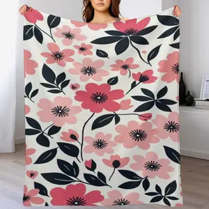 Retro Pink Floral Flannel Blanket, Boho Black Leaf Flower Throw for Couch Bed, Modern Minimalist Botanical Home Decor, Soft Cozy Gift for Flower Lovers