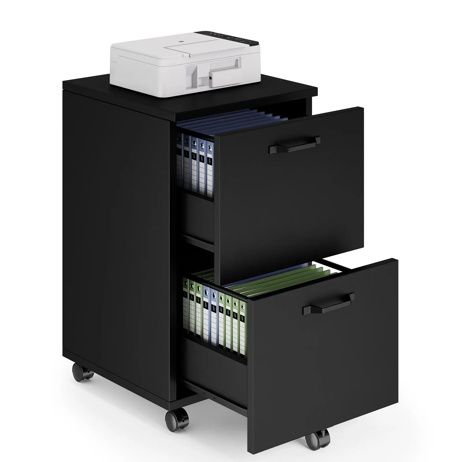 Sweetcrispy 2-Drawer Lockable Drawers Cabinet - Black Rolling Wood Office Filing Cabinet with Printer Stand, Under Desk Storage, Lockable Wheels, Home Office Organizer