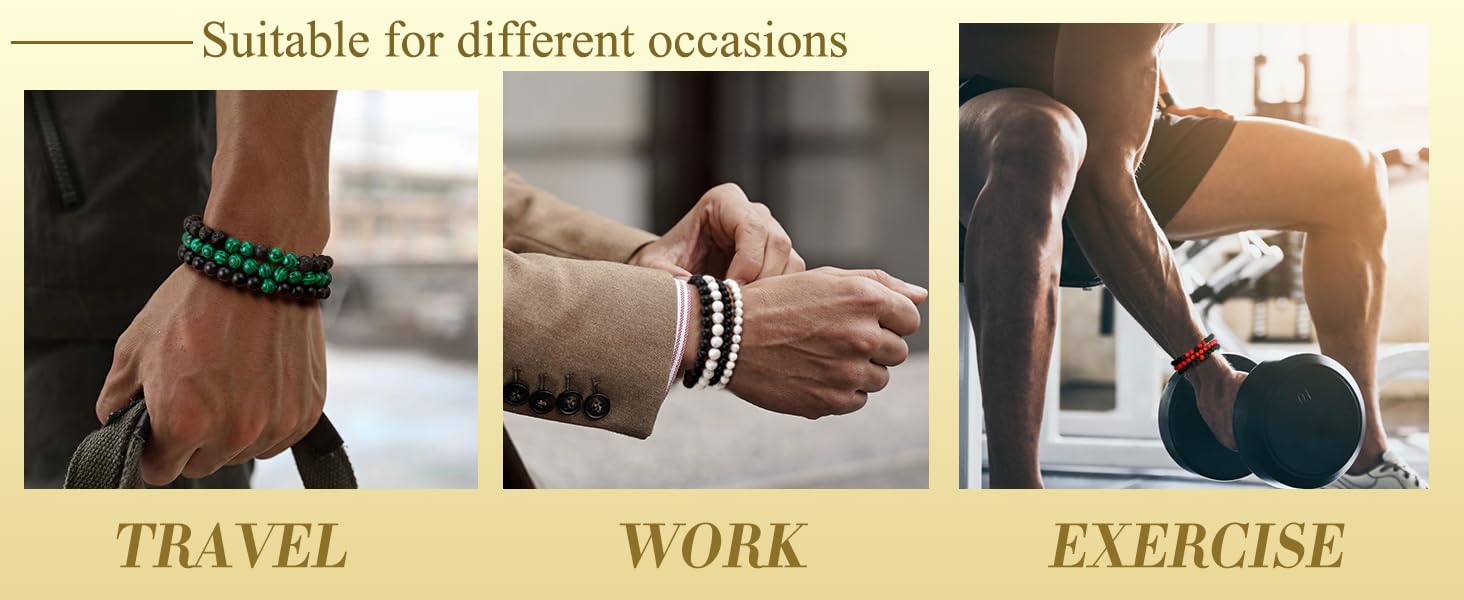 Mens Bead Bracelet Set - Adjustable Elastic Rope With 6&8MM Natural Stone Multi-Colored Beads - Tiger Eye Bracelets for Men - Gift