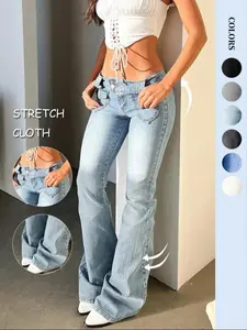 Women's Bootcut Jeans Vintage Stretch Low Rise Double Button Closure Flap Pockets Denim Pants