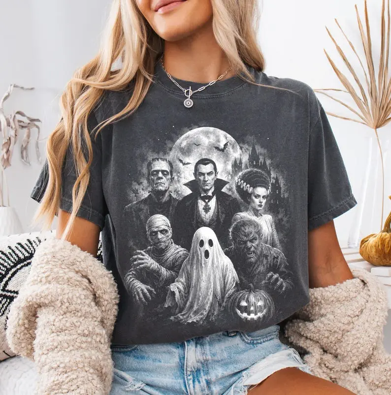 Women's Vintage Monsters Graphic Tee - 100% Cotton Casual Short-Sleeve Round Neck Top, Goth Gift, Horror Fashion, Creepy Cute, Universal Horror Unleashed, Unisex Classic Fit Basics