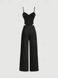 Women’s two-piece set: black rhinestone chain shoulder strap top + wide-leg pants. Hollow waist design, V-neck, high-waisted wide-leg pants that create a slimming look, hot girl style.