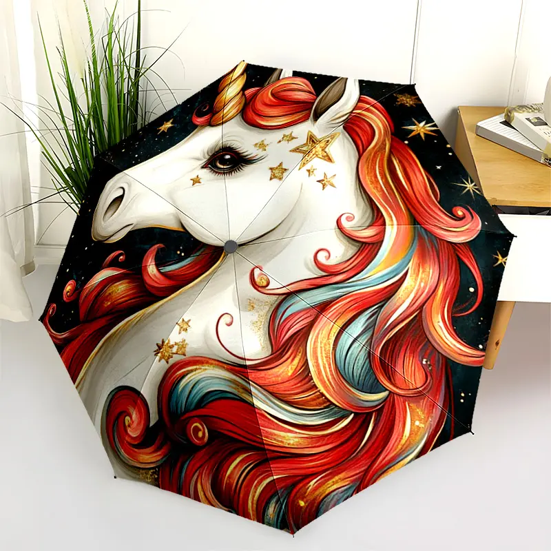 1 PC Automatic Folding Umbrella - Unicorn Fantasy Starry Sky Pattern, Portable & Foldable Design with 8 Ribs, Merry Christmas Pattern,Casual Outdoor Accessory Halloween and Christmas Birthday Gifts. C0061
