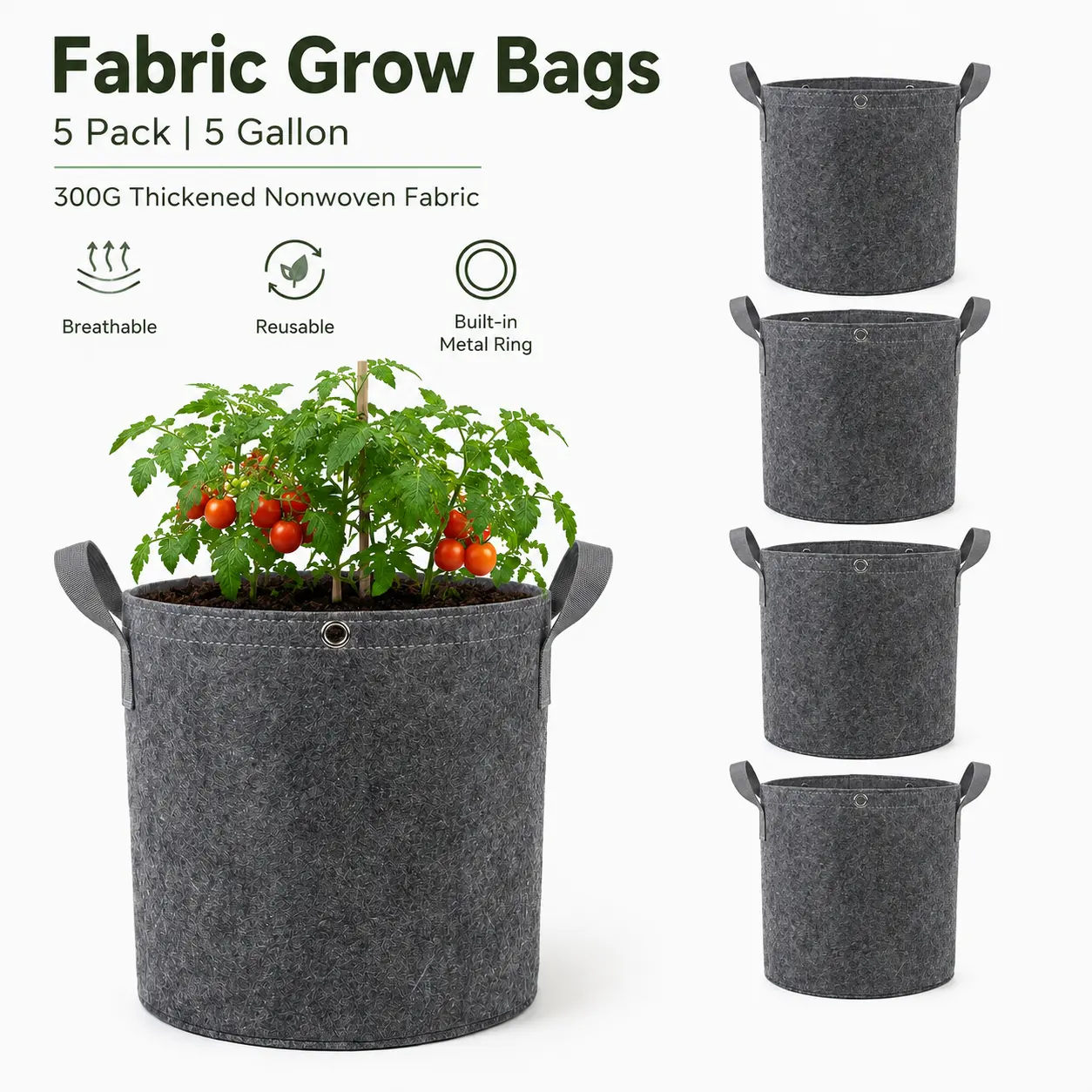 5-Pack 5 Gal Non-Woven Grow Bags with Metal Rings, 300g Thickened Heavy-Duty Porous Design, Reinforced Handles, Breathable Fabric for Tomatoes, Peppers, Cucumbers - Balcony Garden Planters