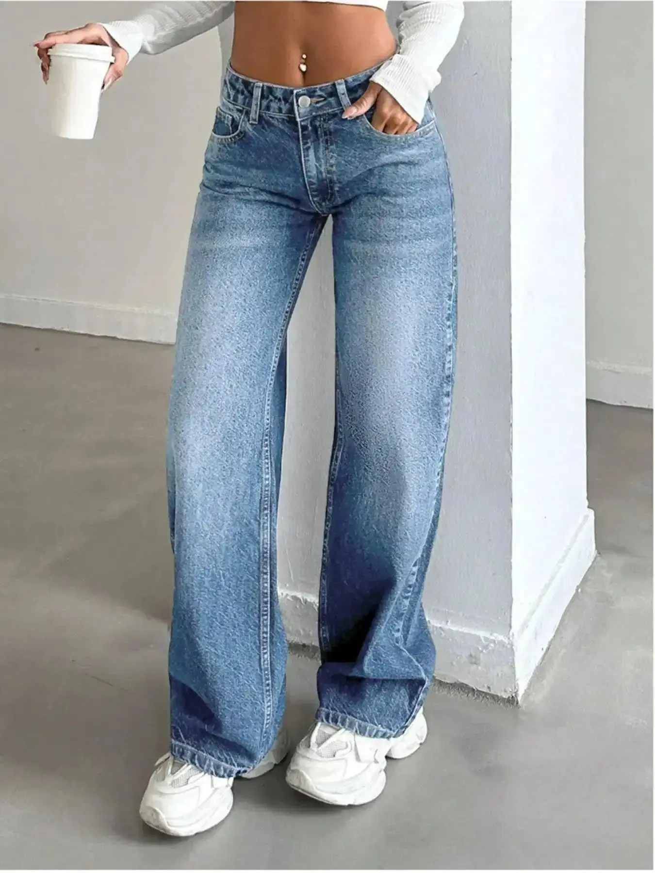 Women's Deep Wash Blue Elastic Denim Jeans, Low Waist Straight Leg Loose Fit Design, Trendy Versatile Casual Style Tailored Comfort, Sleek Line Modern Proportion Flattering Drape, Relaxed Streetwear Bottom Trouser Pants