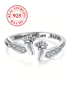 S925 Sterling Silver Angel Wing Design Ring, Footprint Ring, Maternity Ring, Fashion Jewelry Accessories for Women & Girls Mother’s Day Gift（with Box）