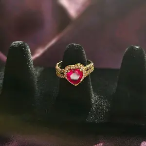 Red Heart Shaped Zirconia Rock Ring - Elegant Design with Central Gemstone and Surrounding Details