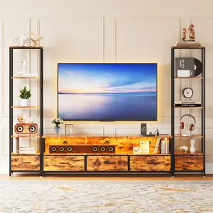 Modern Multi-Functional TV Stand with Bookshelf – 5-Tier Open Shelves – Built-in Power Outlet – Metal Frame & Wooden Cabinet – Fabric Drawers