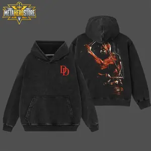 [MetaHero] Daredevil DD Red Vigilante Graphic T-Shirt Hoodie, Matt Murdock Dark Hero Back Print Tee, Black Acid Wash Oversized Shirt, Comic Inspired Streetwear Pullover Hoodie, Superhero Fan Gift