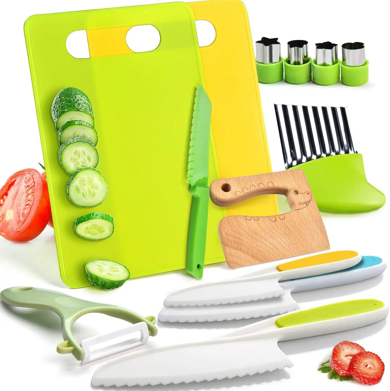 13-Piece Montessori Kitchen Tools for Toddlers – Real Cooking Set with Safe Knives, Crinkle Cutter & Cutting Board for Kids Ages 3-8