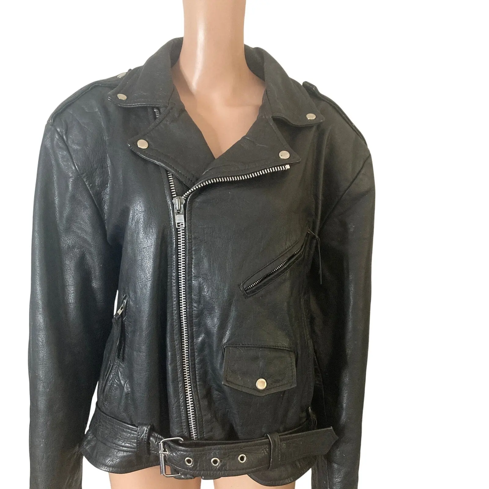 Vintage Y2K Wilsons Leather Motorcycle Biker Jacket XL Embossed Eagle Black