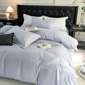 4pc Bedding Set with Embroidery, Feather Design, Pure Color, Includes Fitted Sheet, Pillowcases, Duvet Cover, Perfect Gift, Blue