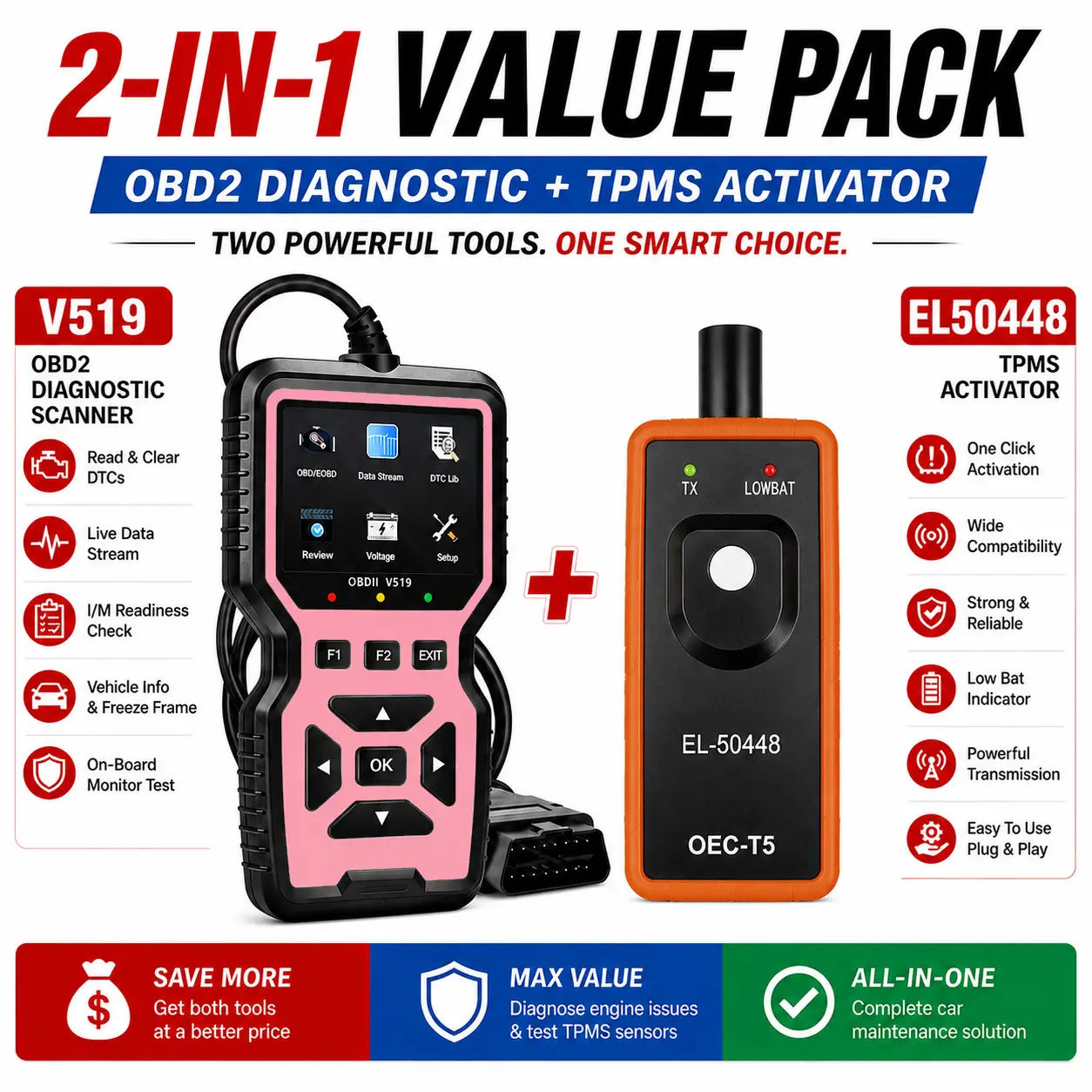Automotive DIY Diagnostic Kit - V519 OBD2 Scanner, EL-50448 TPMS Relearn Tool for Engine Troubleshooting, Tire Sensor Activation