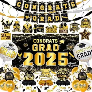 Graduation Decorations Class of 2025, Gold Black Graduations Party Decorations Kits Grads Banner Hanging Swirl Balloons Class of 2025 Backdrop Grad Party Supplies.