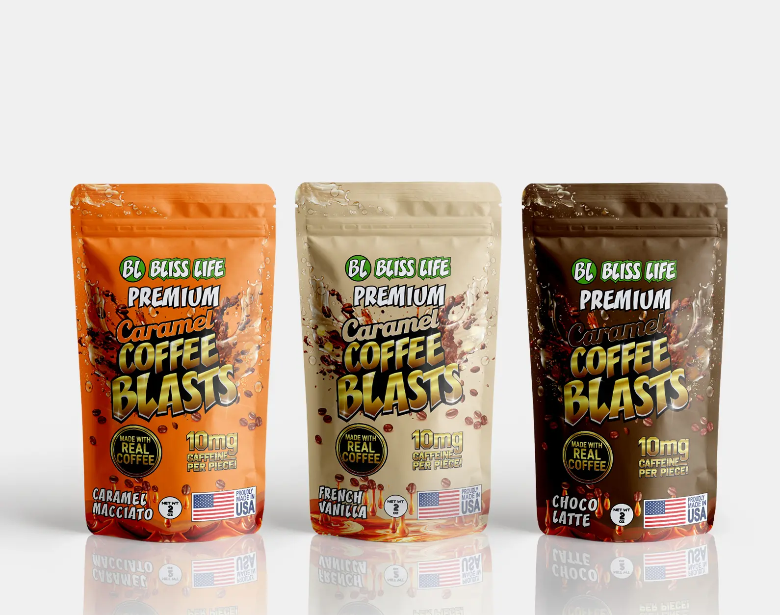 Caramel Coffee Blasts 3 Pack – Crunchy Caramel Coffee Candy with Real Coffee, 10mg Caffeine Per Piece – Caramel Macchiato, French Vanilla & Choco Latte – 2 oz Bags