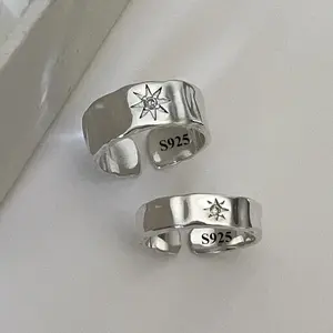 925 Sterling Silver Star Rings Couple Zircon Star Open Ring for Women Men Wide Retro Finger Rings Lovers Gift Unisex Y2K Jewelry