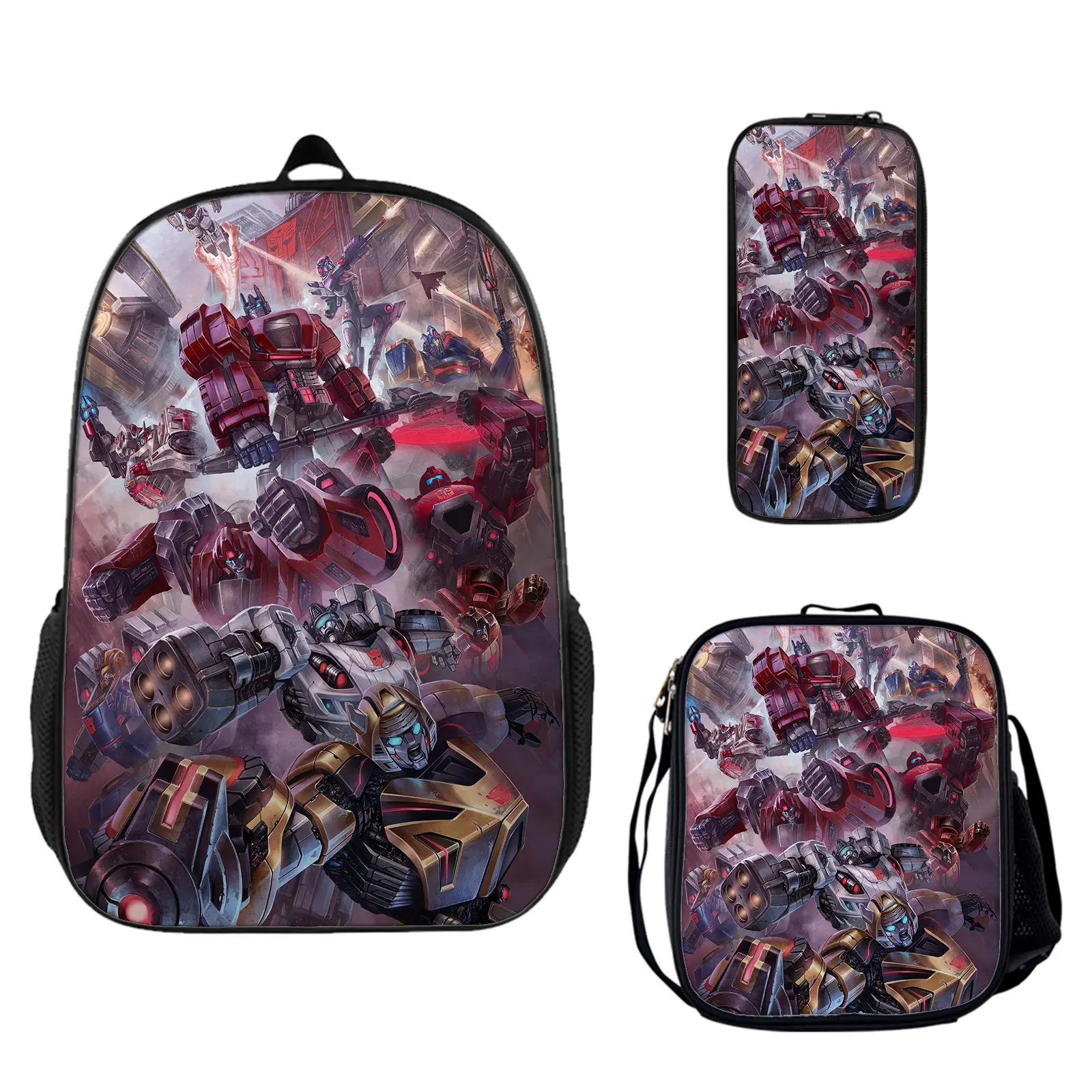 Transformers 3-Piece Large Capacity Backpack Set - Cartoon Graphic High-Definition Prints, Machine Washable School Bookbag with Insulated Lunch Box & Pencil Pouch for Teen Fans, Lightweight Travel Daypack Holiday Birthday Gift c-253, Zipper, One Size, Sch