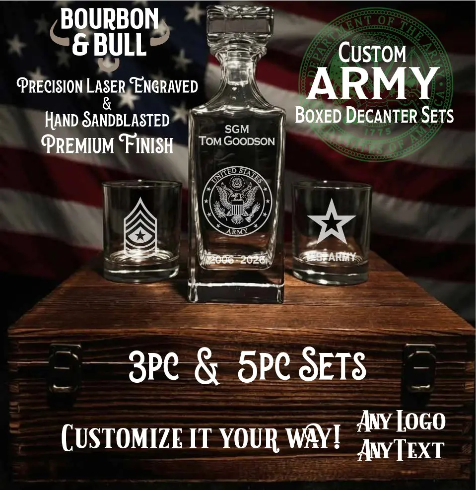 Custom Army Whiskey Decanter Set | Wood Gift Box