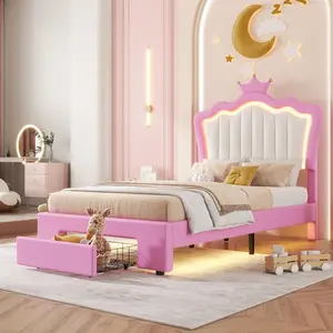 Twin Size Upholstered Bed Frame with LED Lights, Modern Upholstered Princess Bed with Crown Headboard, a Drawer, Pink+White