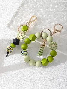 Western Boho Silicone Beaded Wristlet Keychain | Cow Print & Leopard Key Ring Bracelet | Cute Car Key Holder Gift for Women