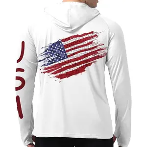 Mens UPF 50+ Fishing Shirts, Sun Protection Hoodie American Flag Long Sleeve UV Hiking Shirt Quick Dry SPF Rash Guard