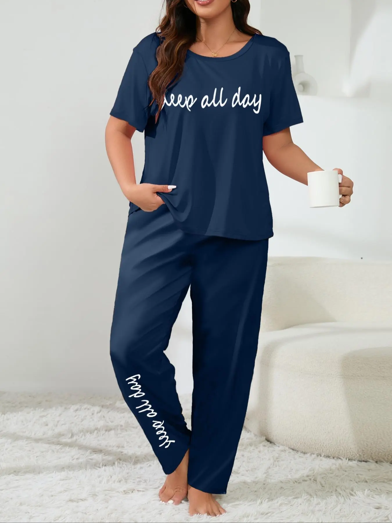 【Plus Size】 Letter Print Tee & Pants Soft Homewear Lounge Set, Casual Comfy Round Neck Short Sleeve T-shirt & Trousers Pajama Set, Women's Sleepwear Set for All Seasons, Navy Blue