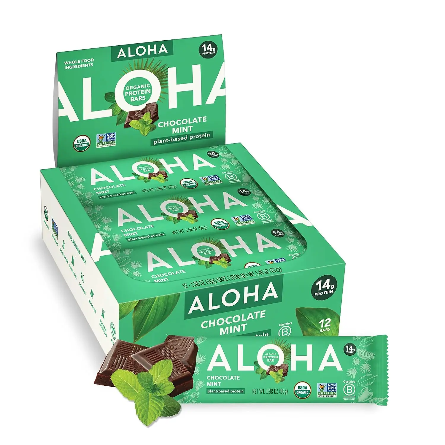 ALOHA Organic Plant Based Protein Bars, Chocolate Mint, 1.98 Oz (Pack of 12) | On The Go Snack | 10g Fiber, 14g Protein | Vegan Snacks | Non-GMO, Kosher, No Sugar Alcohols, Gluten & Dairy Free