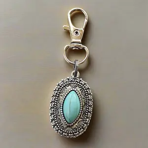 Turquoise Oval Purse Charm – Silver Western Keychain with Filigree Frame
