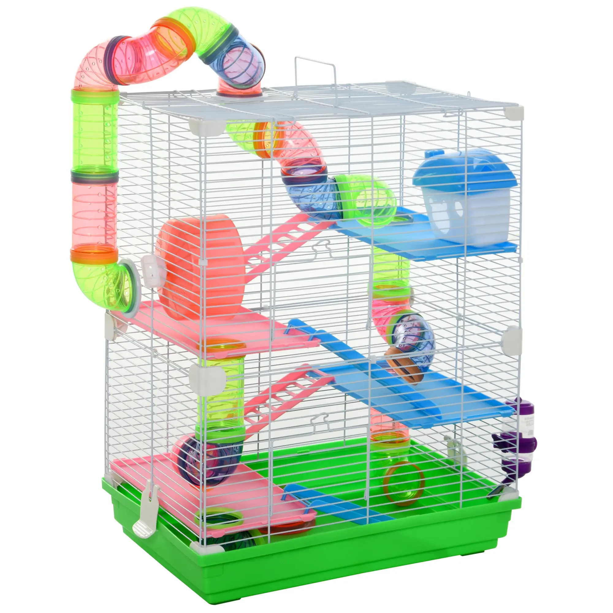 5-Tier Hamster Cage – Portable with Top Handle. Tubes, Wheel, Ramps, Hut, Food Bowl & Water Bottle. Safe Wiring, Ventilated. For Smaller Hamsters & Gerbils
