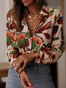 A lady's color-coordinated collared blouse with floral print and long sleeves, featuring an elegant style, is suitable for vacations, gatherings, shopping, indoors and outdoors, Collared Shirt