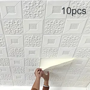 3D Easy To Stick And Peel Wall Tiles Sticker, 10pcs Summer Foam Self-Adhesive Anti-Collision Wallpaper for Bedroom, Waterproof Design Decorative Ceiling Sticker for Living Room , Room Decor Accessories, Room Decoration, Textured Wall Paper