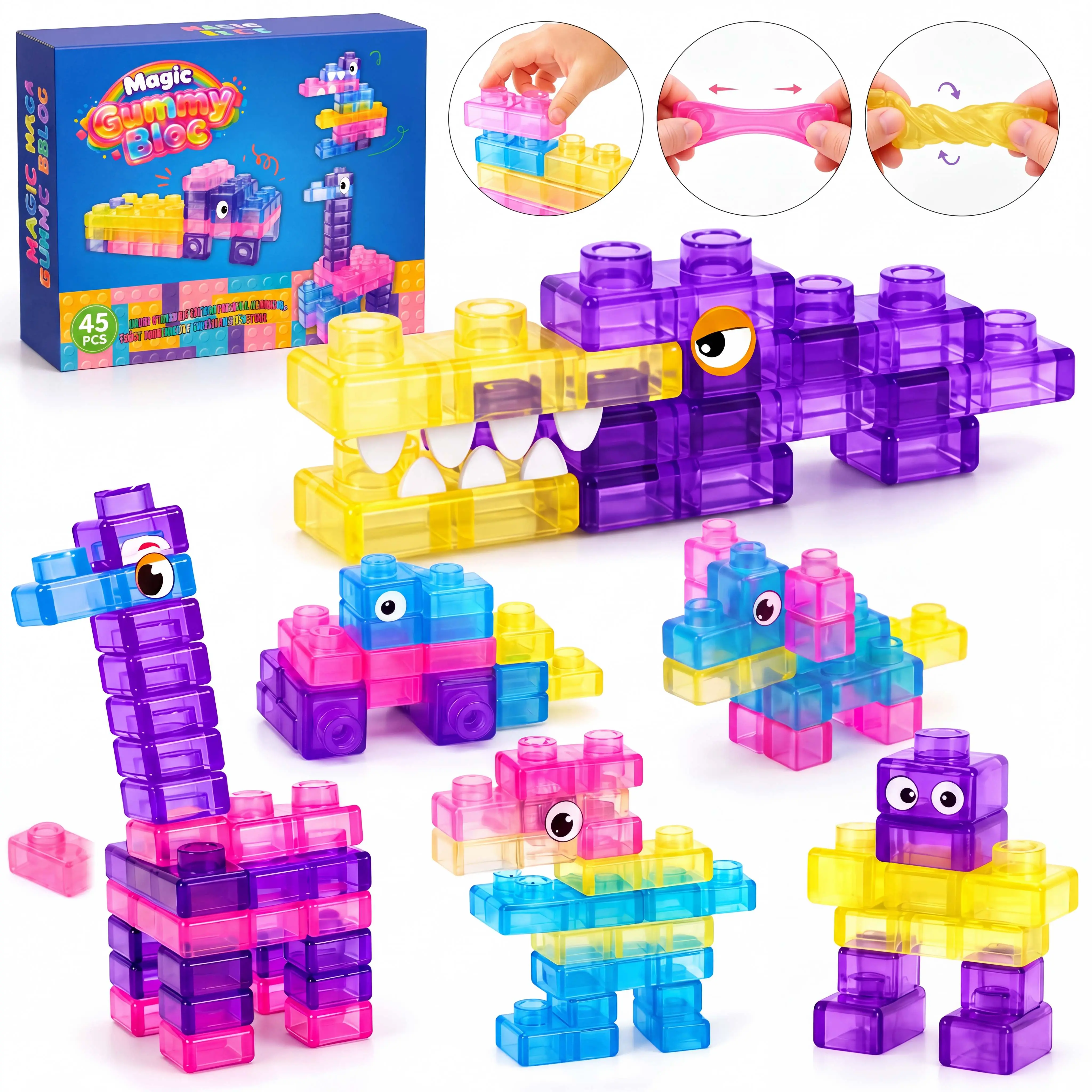 45 PCS Soft Jelly Blocks for Toddlers and Kids, Colorful Squishy Stacking Building Blocks, Sensory Tactile Puzzle Toy for Preschool Learning and Creative Play Age 3+