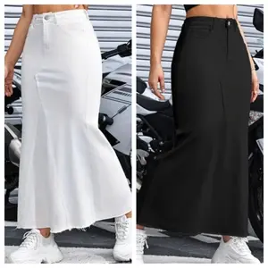 JUNBAOSS Women's Casual Stretch Mid Rise Long Denim Skirt Women Button Down Mid-Length Streetwear Denim A Line Skirt Womens Elegant Style Elastic Hip Skirt Flowing Beard Splicing A-shaped Long Skirt FallFreshness