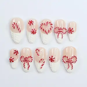 [Christmas Nails] Festive Almond Press-On Nails, White Sweater Print French Tips with Candy Cane Design, Perfect Holiday Gift for Her this Christmas