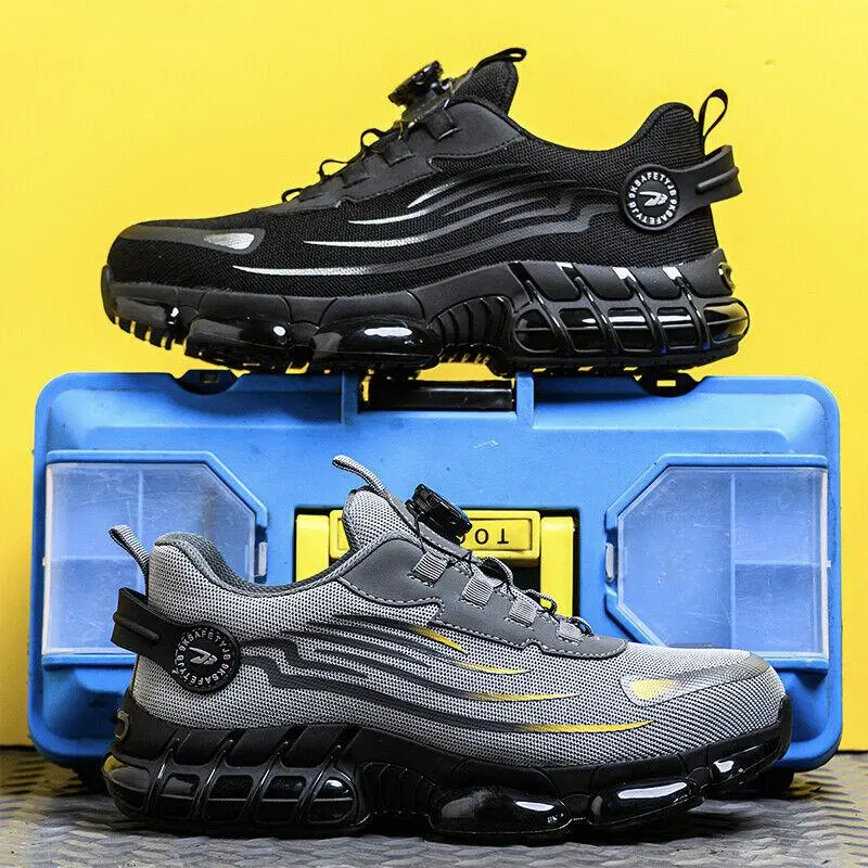 Men's Lace Up Low Top Anti Piercing & Anti Smashing Safety Shoes with Rotating Button, Contrast Mesh Work Shoes, for Outdoor Work, Footwear, Shoes for Healthcare Workers, Fall Outfits, Fall Freshness Boy Closed Comfort Boot