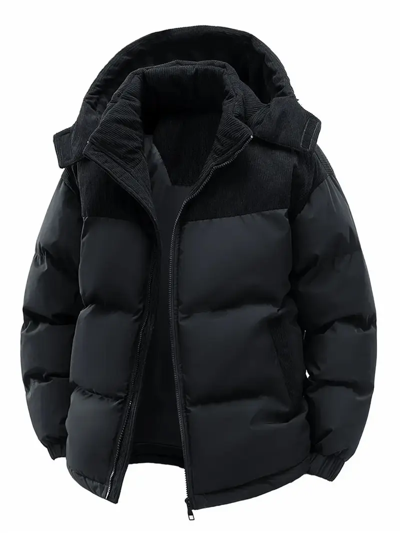 Men's Winter Hooded Jacket Cotton Coat with Removable Hood Warm Colorblock Couple's Youth Outdoor Cotton-Padded Top