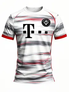 Men's short-sleeved football sport T-shirt (in white, black, and red striped styles), featuring the brand logo and circular emblem pattern, suitable for both sports and casual wear.