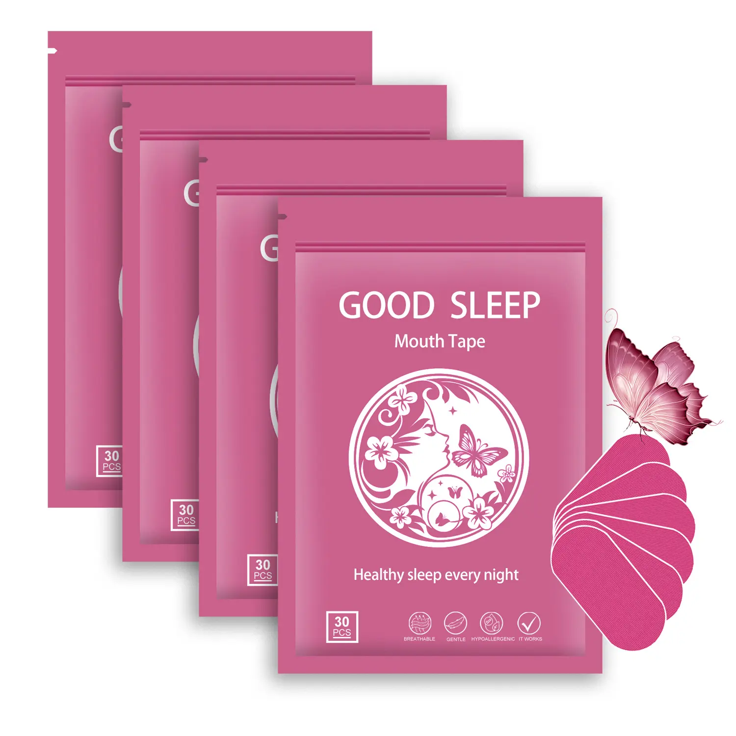Hypoallergenic Super Breathable Mouth Tape for Sleeping 4/2/1 Month supply , 120/60/30 strong adhesive sleep strips , Anti-Snoring  Comfort , Anti Snoring Mouth Sticke , for Better Sleep ，Pink and Black ， aid ， Gentle ， Tape for Skin ， healthcare ， ultra