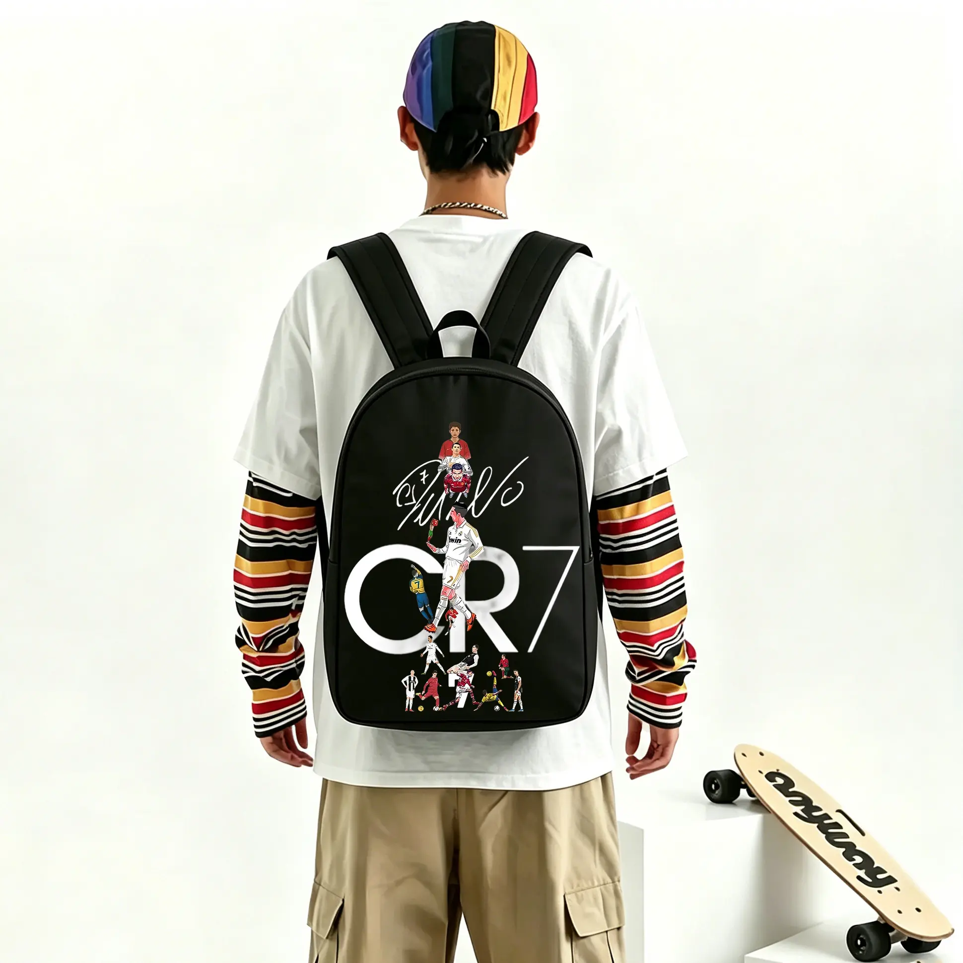 CR7 Graphic 3pcs Backpack Lightweight Durable Black Soccer Print for Teens Adults Sports Casual
