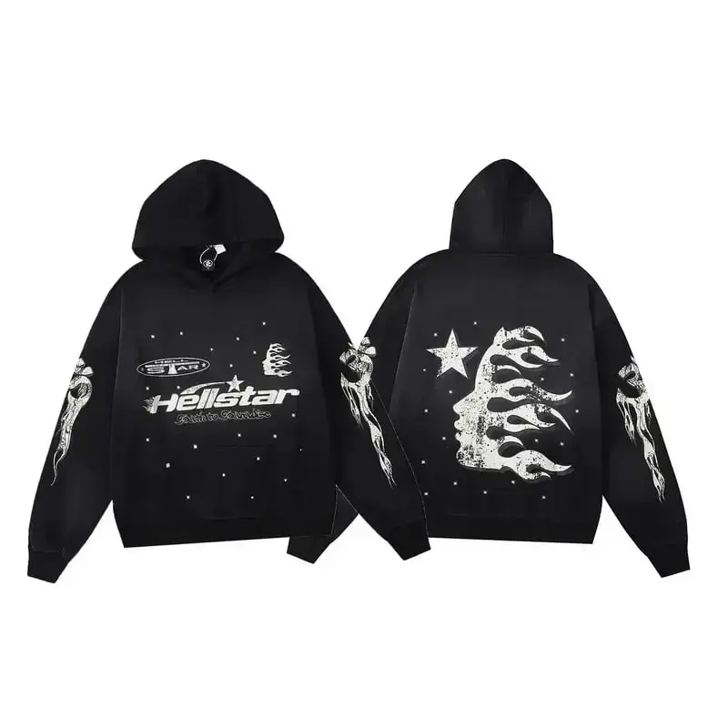 Hellstar Flame Hoodie – Oversized Y2K Streetwear Tracksuit, All Over Print Unisex 2-Piece Hoodie, Vintage Hip Hop Casual Outfit for Men & Women