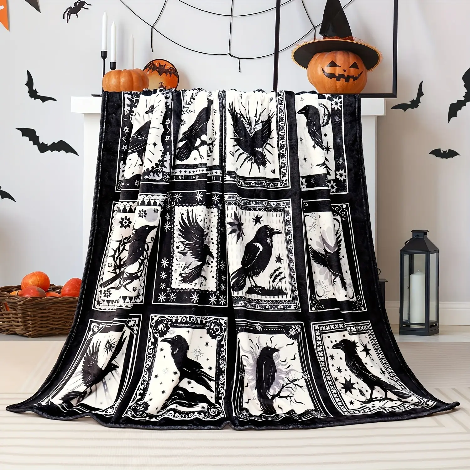 Gothic 30*40 inch Durable Black White Raven Crow Patchwork Print Soft Flannel Blanket - Vintage Dark Aesthetic Warm Plush Throw, Ideal Birthday Gift for Gothic Lovers, Perfect for Bedroom Decor