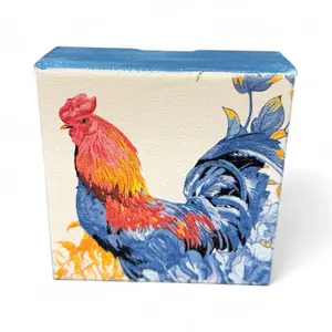 Rooster Block Art Handmade Farmhouse Decor 4x4 Inch Canvas with Blue Metallic Trim for Kitchens & Rustic Spaces Vibrant Rooster Design Decoupaged Freestanding Block