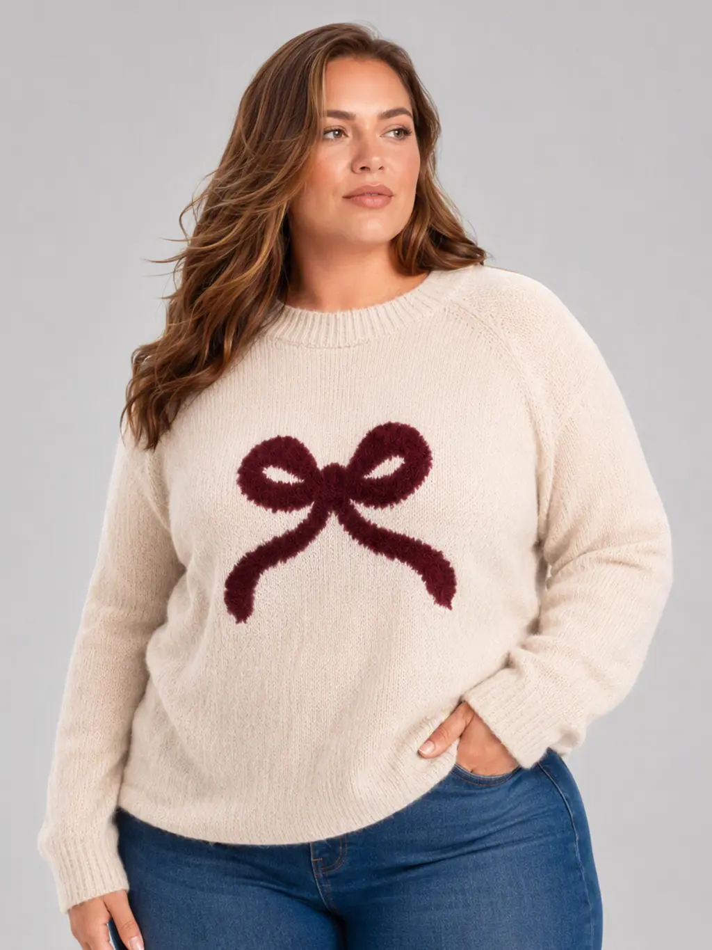Women's Bow Knit Sweater Long Sleeve Pullover Top, Cute Ribbon Bow Graphic Sweater for Women, Casual Crew Neck Knitted Jumper, Soft Cozy Oversized Sweater Top, Stylish Fall Winter Knitwear, Feminine Daily Wear Pullover Cardigan Style Clothing Womenswear G