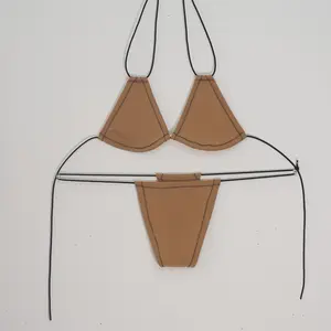 Butterscotch IVHONEY Micro Kini Set Light Brown Bikini Triangle Top Thong Bottom with Black Stitching & Elastic String