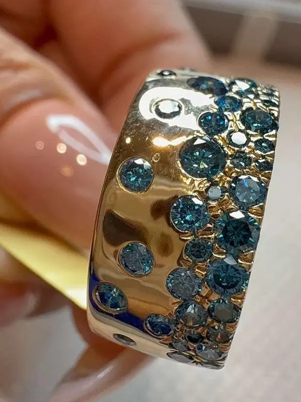 14K Gold Wide Band Pavé Ring with Natural Blue & White Diamonds – Luxury Statement Ring, Size 7