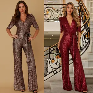 FULL SEQUINS FASHION JUMPSUIT - HALF FLOWY SLEEVE - V NECK WITH AJUSTABLE BELT TIE ON WAIST - FLARE BOTTOM WITH ZIPPER ON THE BACK