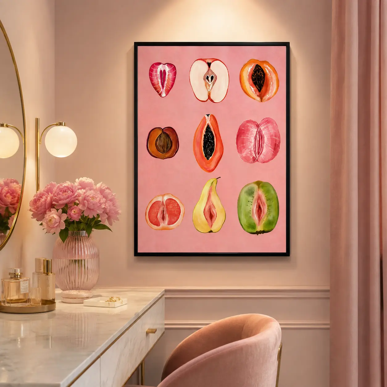 Aesthetic Pink Fruit Wall Decor Funny Feminist Papaya Strawberry Picture Artwork Display for Bathroom Bedroom Dorm Housewarming Gift
