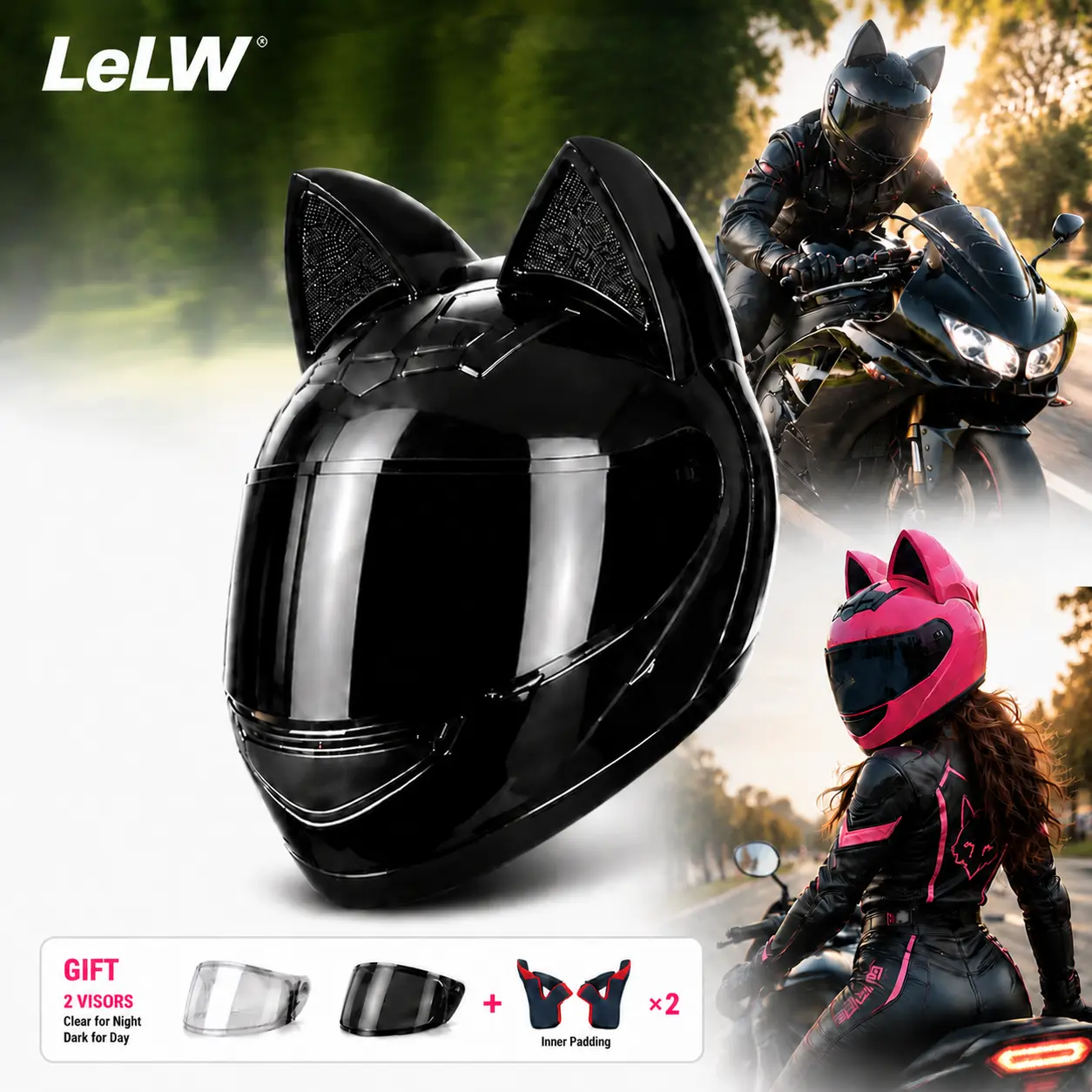 LeLW Cat Ear Motorcycle Helmet, Cute Full Face Helmet for Women & Men, DOT Certified Safety Helmet with Dual Visor, Removable Washable Liner, Bluetooth Ready, Adjustable Fit System, Includes Helmet Bag